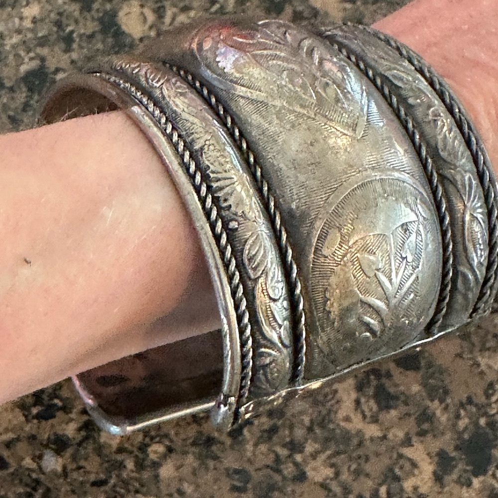 Silver Cuff Bracelet made in India with pattern engraving